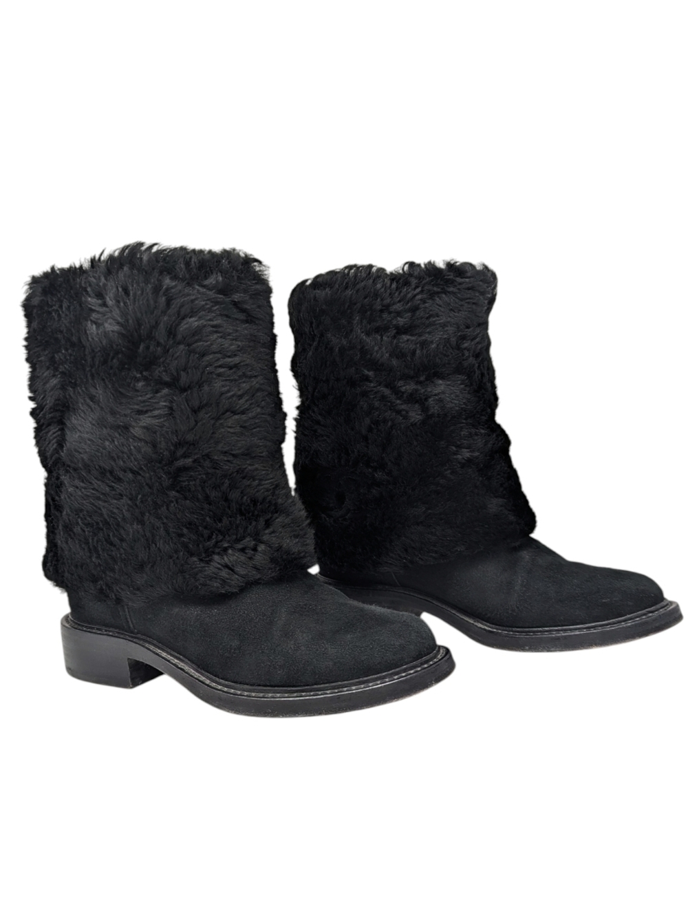 Chanel Black Shearling Nubuck Leather CC Logo Mid Calf Boots 38
